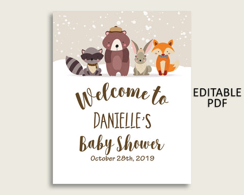 Beige Brown Winter Woodland Baby Shower Welcome Sign Printable, Party Large Sign, Editable Welcome Sign Gender Neutral, Yard Sign RM4SN