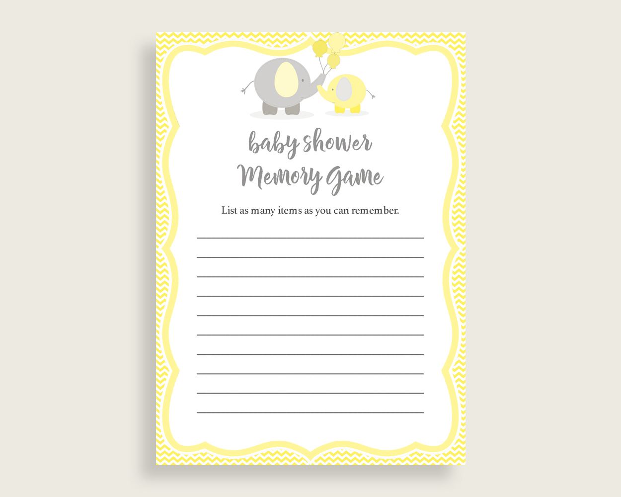 Memory Game Baby Shower Memory Game Yellow Baby Shower Memory Game Baby Shower Elephant Memory Game Yellow Gray party ideas prints W6ZPZ