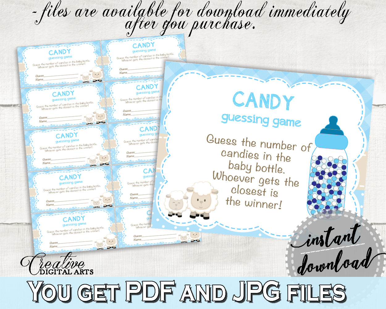 Little Lamb CANDY GUESSING GAME sign tickets, sheep baby shower boy blue theme printable, Guess How Many, Jpg Pdf, instant download - fa001