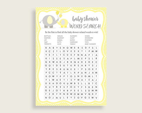 Word Search Baby Shower Word Search Yellow Baby Shower Word Search Baby Shower Elephant Word Search Yellow Gray paper supplies digital W6ZPZ