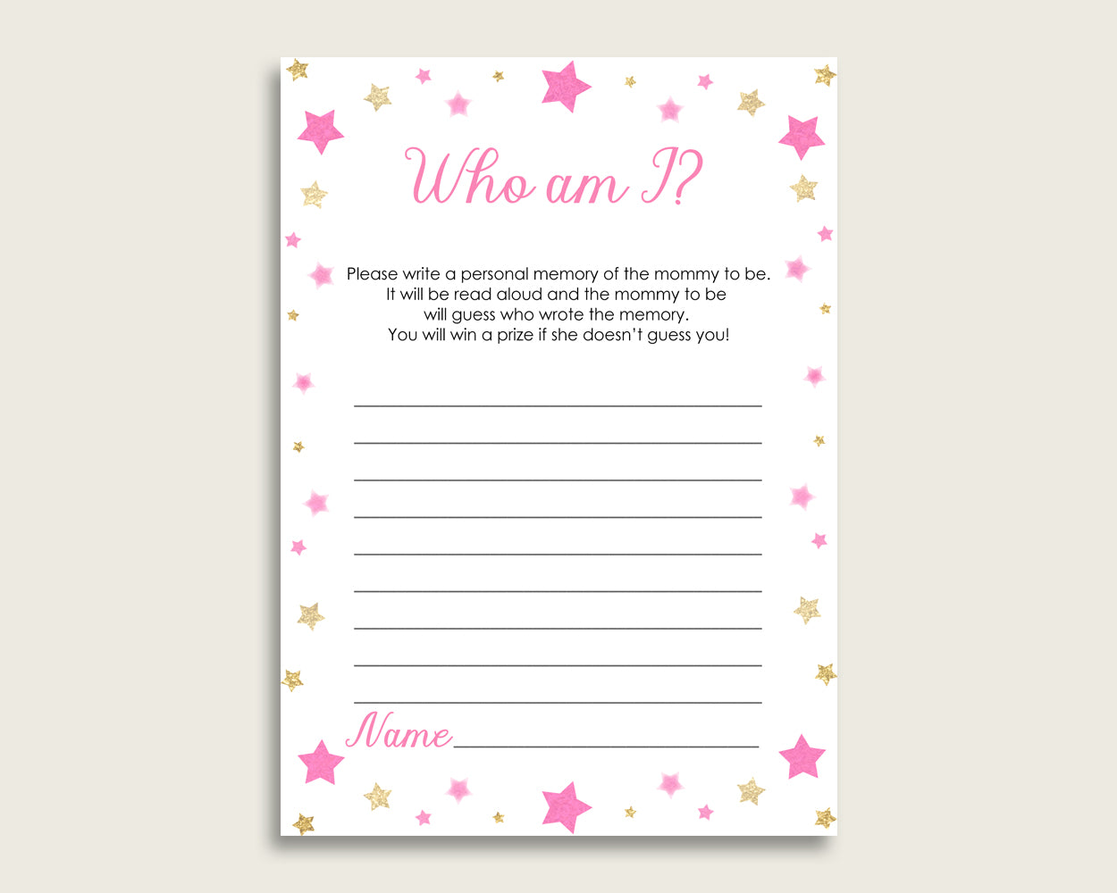 Twinkle Star Who Am I Game Printable, Girl Baby Shower Memory With Mommy, Pink Gold Baby Shower Activity, Instant Download, Cute Stars bsg01