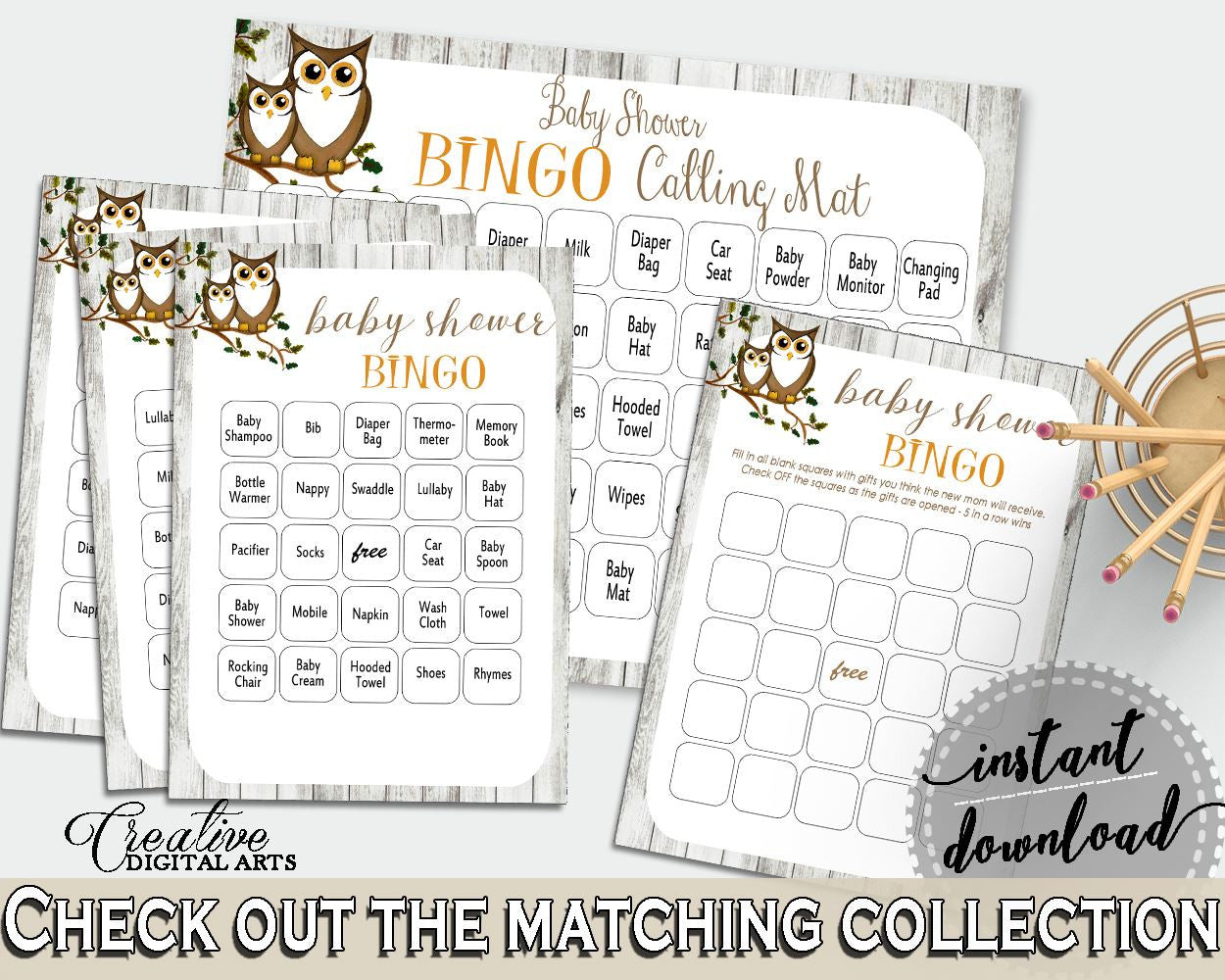 Bingo 60 Cards Baby Shower Bingo 60 Cards Owl Baby Shower Bingo 60 Cards Baby Shower Owl Bingo 60 Cards Gray Brown - 9PUAC - Digital Product