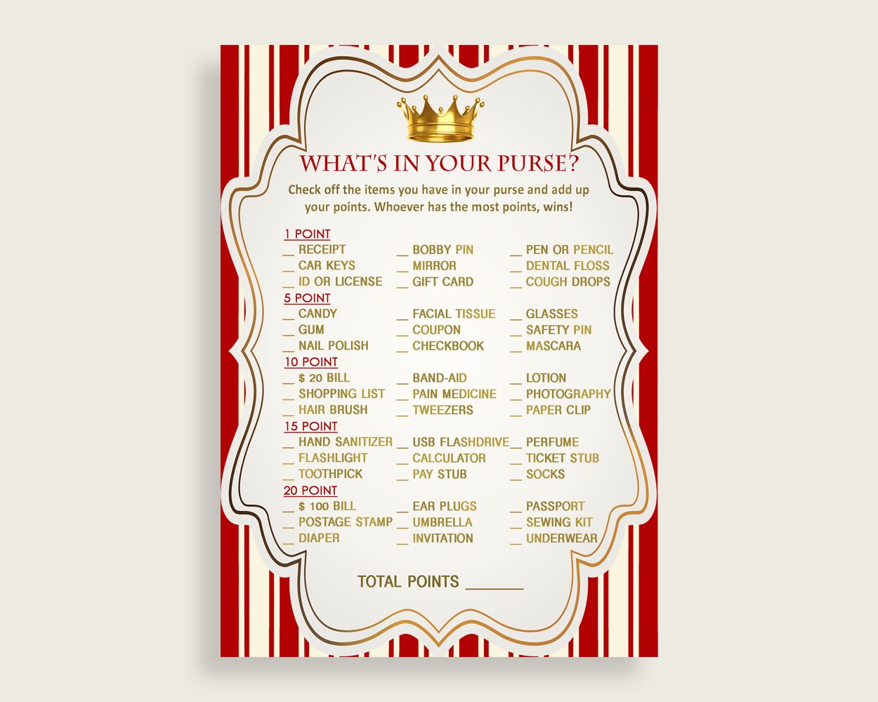 Prince What's In Your Purse Game Printable, Red Gold Whats In Your Purse, Boy Baby Shower Purse Game, Instant Download, Most Popular 92EDX