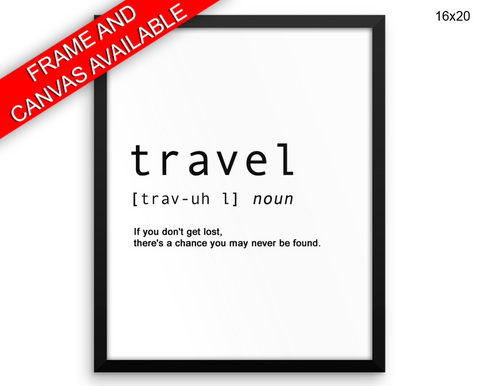 Travel Definition Print, Beautiful Wall Art with Frame and Canvas options available Dictionary Decor