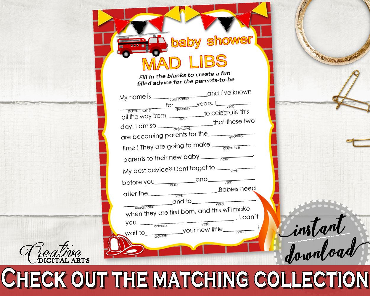 Mad Libs Baby Shower Mad Libs Fireman Baby Shower Mad Libs Red Yellow Baby Shower Fireman Mad Libs - LUWX6 - Digital Product