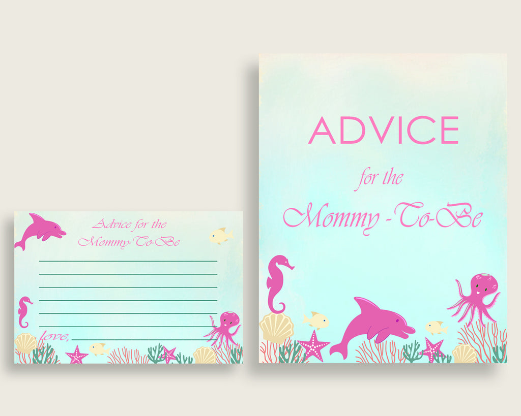 Under The Sea Advice For Mommy To Be Cards & Sign, Printable Baby Shower Pink Green Advice For New Parents, Instant Download, Popular uts01