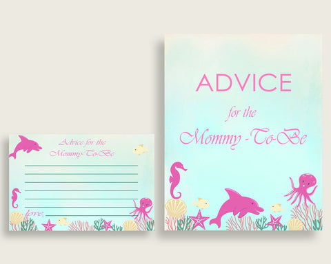 Under The Sea Advice For Mommy To Be Cards & Sign, Printable Baby Shower Pink Green Advice For New Parents, Instant Download, Popular uts01