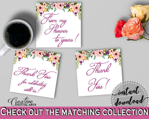 White And Pink Watercolor Flowers Bridal Shower Theme: Thank You Tags Square - favour tags, bridal shower floral, party ideas - 9GOY4 - Digital Product