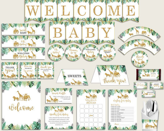 Gold Green Baby Shower Decorations Gender Neutral Kit, Jungle Baby Shower Party Package Printable, Instant Download, Cute Animals EJRED