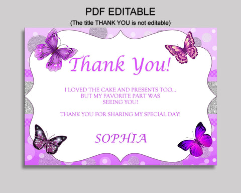 Birthday Butterfly Thank You Butterfly Self Editable Purple White Thank You Notes Butterfly Party Thank You Girl OHI62