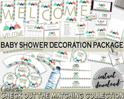 Decorations Baby Shower Decorations Tribal Teepee Baby Shower Decorations Baby Shower Tribal Teepee Decorations Green Navy prints KS6AW - Digital Product