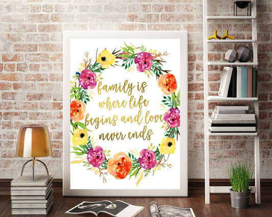 Wall Art Family Digital Print Family Poster Art Family Wall Art Print Family  Wall Decor Family home wall decor gold floral print - Digital Download