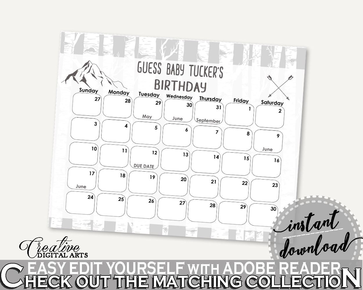 Birthday Predictions Baby Shower Birthday Predictions Adventure Mountain Baby Shower Birthday Predictions Gray White Baby Shower S67CJ - Digital Product