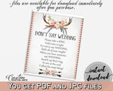 Don't Say Wedding Game in Antlers Flowers Bohemian Bridal Shower Gray and Pink Theme, wedding game, vintage shower, printables - MVR4R - Digital Product