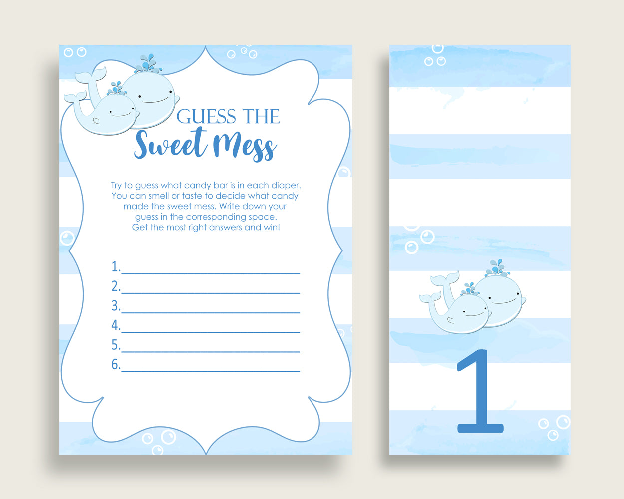 Whale Guessing Game Baby Shower Boy, Blue White Guess The Sweet Mess Game Printable, Dirty Diaper Game, Instant Download, Nautical Sea wbl01