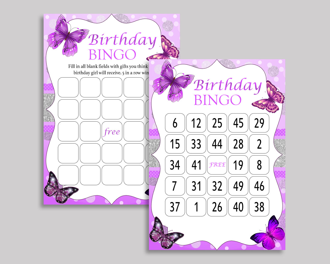 Butterfly Bingo Cards Butterfly Bingo Game Butterfly Birthday Bingo Cards Purple White Bingo 60 Cards Girl OHI62