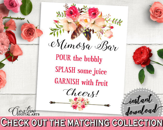 Pink And Red Bohemian Flowers Bridal Shower Theme: Mimosa Bar Sign - table decor, shabby chic, pdf jpg, printables, prints - 06D7T - Digital Product