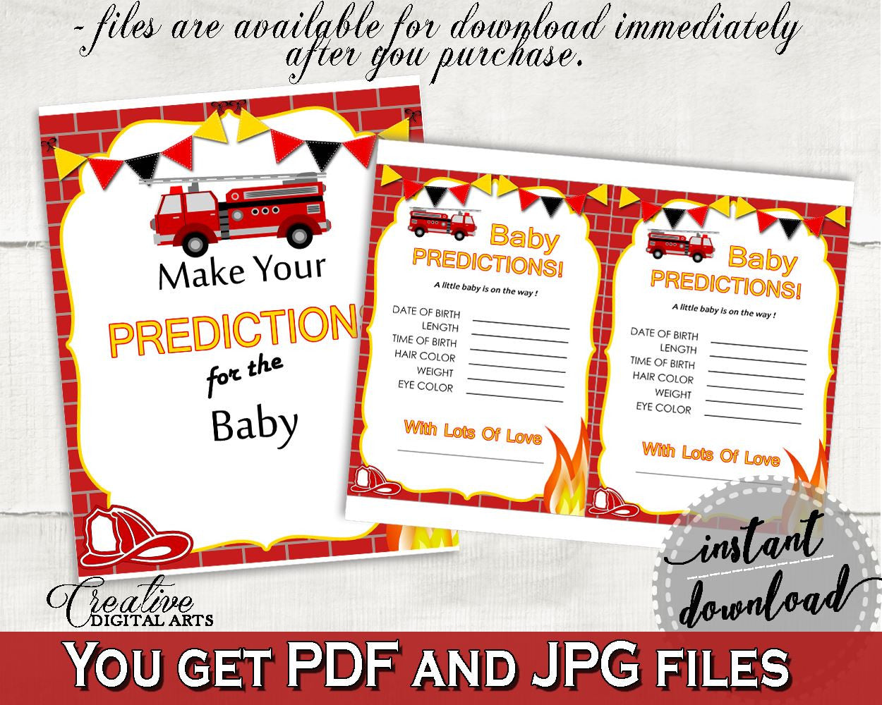 Baby Predictions Baby Shower Baby Predictions Fireman Baby Shower Baby Predictions Red Yellow Baby Shower Fireman Baby Predictions LUWX6 - Digital Product