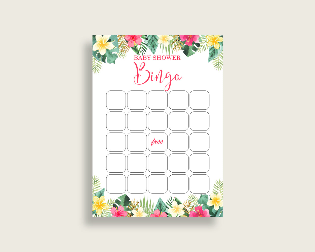 Hawaiian Baby Shower Bingo Cards Printable, Pink Green Baby Shower Girl, 60 Prefilled Bingo Game Cards, Tropical Flowers Palm Leaves 955MG