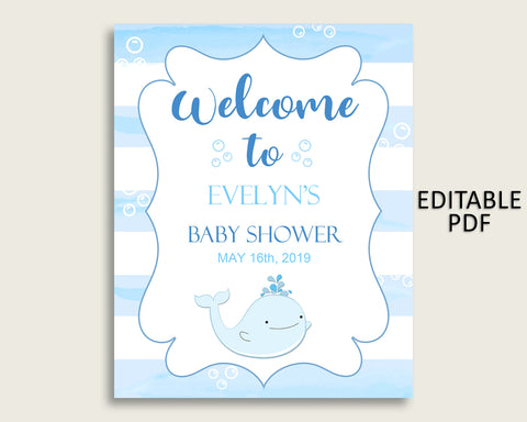 Blue White Whale Baby Shower Welcome Sign Printable, Party Large Sign, Editable Welcome Sign Boy, Yard Sign, Instant Download, wbl01