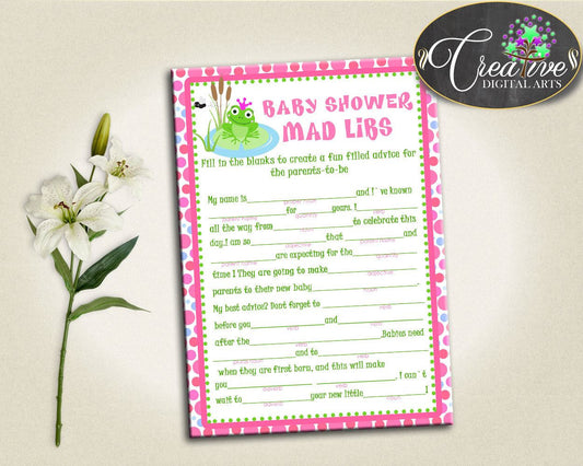 Frog Baby Shower Activity MAD LIBS printable, pink dots baby shower printable, frog quiz game, digitall, Jpg Pdf, instant download - bsf01 - Digital Product