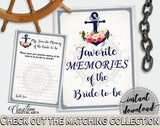 Navy Blue Nautical Anchor Flowers Bridal Shower Theme: Favorite Memories Of The Bride To Be - entertain guests, digital print - 87BSZ - Digital Product
