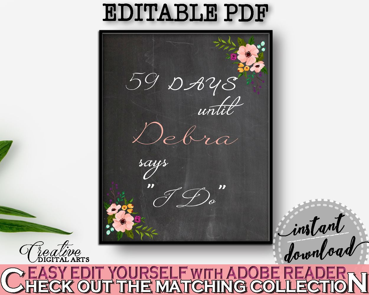 Chalkboard Flowers Bridal Shower Days Until I Do in Black And Pink, wedding signage, chalk floral bridal, party planning, party plan - RBZRX - Digital Product