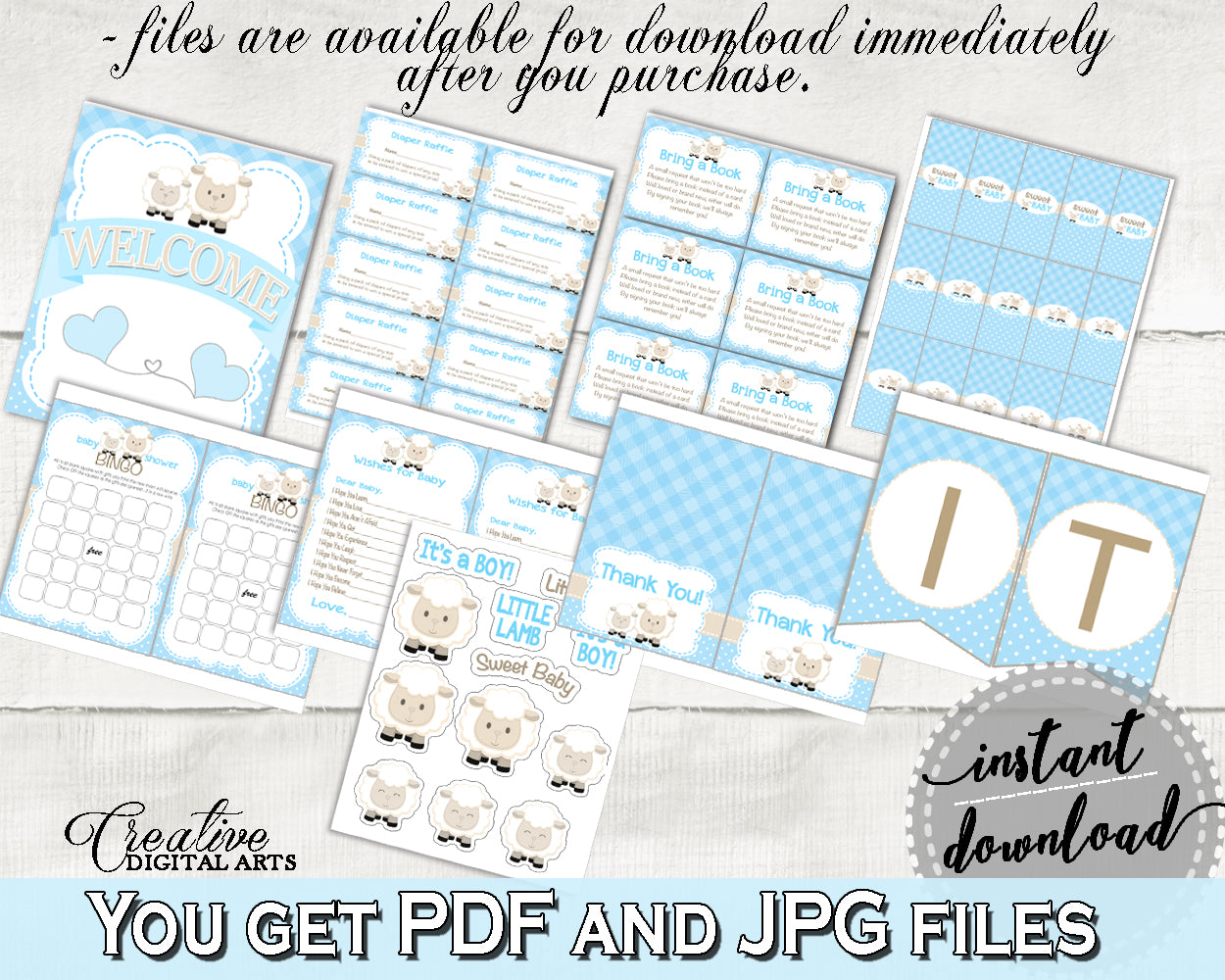 Little Lamb Decoration Baby Shower Boy package blue bundle set printable sheep theme decor, digital files Jpg Pdf - Instant Download - fa001