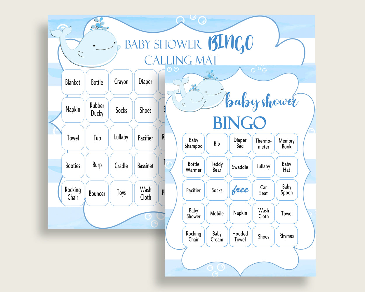 Whale Baby Shower Bingo Cards Printable, Blue White Baby Shower Boy, 60 Prefilled Bingo Game Cards, Light Blue Watercolor Stripes wbl01