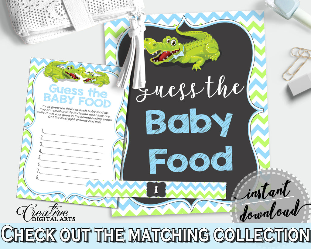 GUESS THE BABY FOOD game for baby shower with green alligator and pink blue theme, instant download - ap002