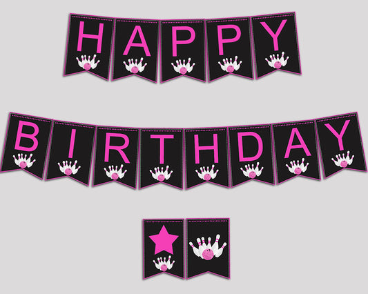 Bowling Happy Birthday Banner, Bowling Birthday Party Banner, Printable Pink Black Banner Letters for Girl, WYP5V