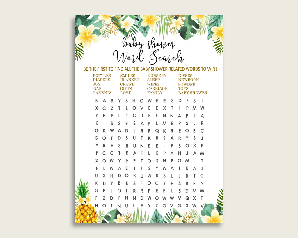 Tropical Word Search Game, Green Yellow Baby Shower Word Search Cards Printable, Gender Neutral Baby Shower Activities, Hidden Words 4N0VK