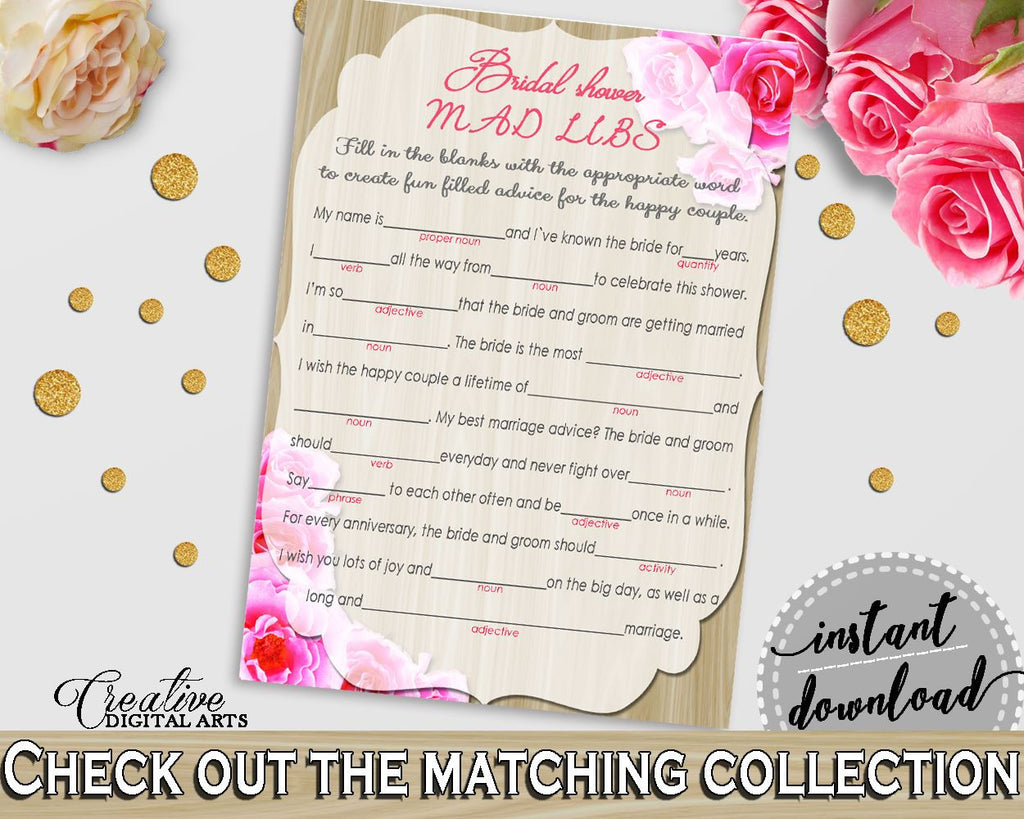 Roses On Wood Bridal Shower Mad Libs Game in Pink And Beige, adjective, trending shower, printable files, shower celebration, prints - B9MAI - Digital Product