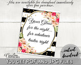 Black And Gold Flower Bouquet Black Stripes Bridal Shower Theme: Your Glass For The Night Sign - glass for night, party planning - QMK20 - Digital Product