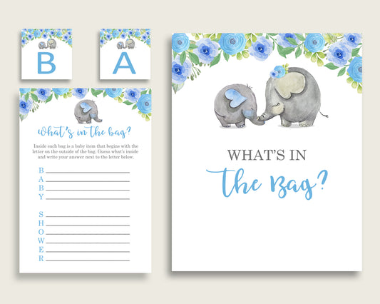 Elephant Blue Baby Shower What's In The Bag Game, Blue Gray Boy Bag Game Printable, Instant Download, Flowers Africa or Jungle ebl01