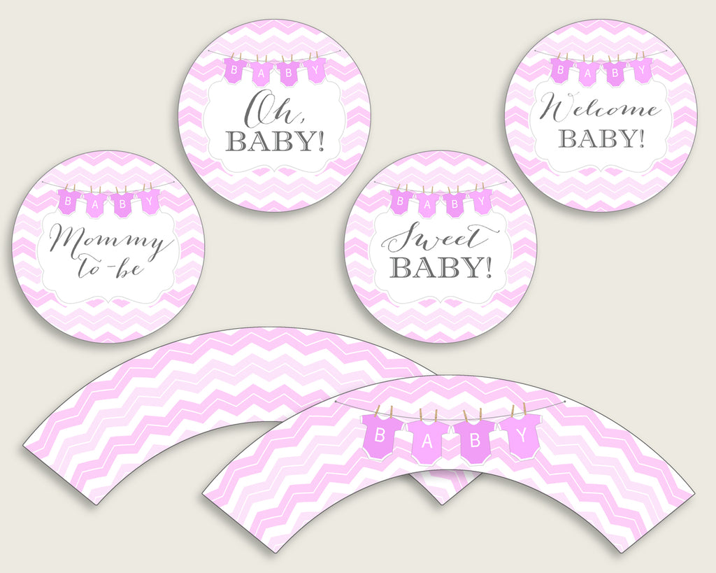 Chevron Cupcake Toppers, Pink White Cupcake Wrappers, Toppers Wrappers Baby Shower Girl, Instant Download, Popular Zig Zag Theme cp001