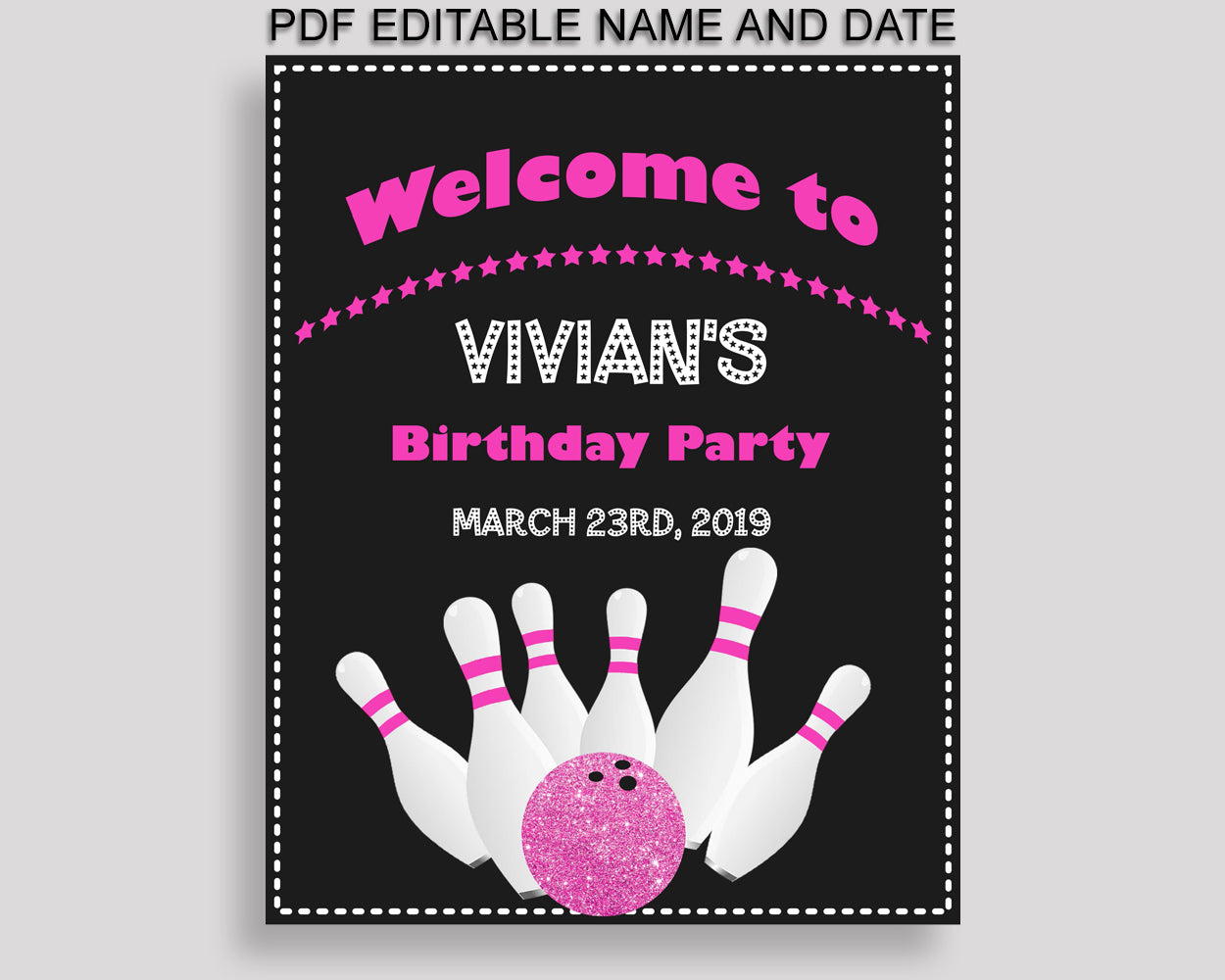 Bowling Birthday Welcome Sign Printable, Pink Black Birthday Party Large Sign, Editable Welcome Sign Girl, WYP5V