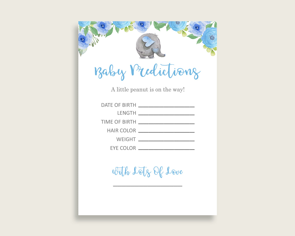 Elephant Blue Baby Shower Prediction Cards & Sign Printable, Blue Gray Baby Prediction Game Boy, Instant Download, Africa or Jungle ebl01