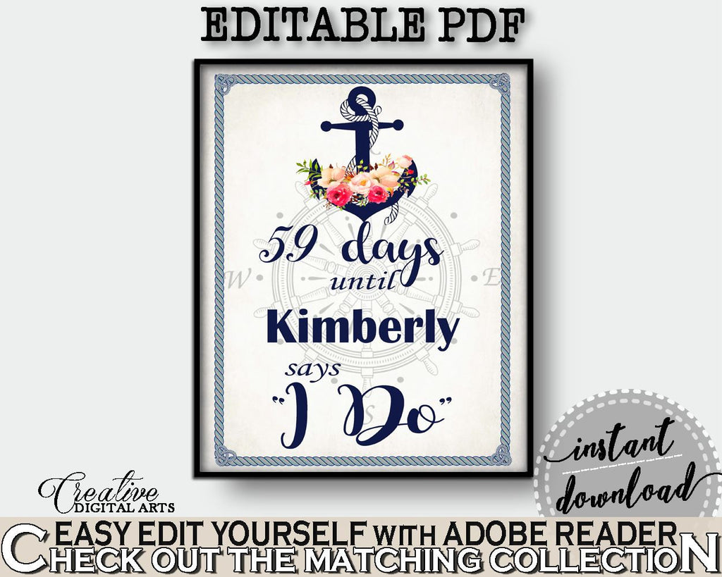 Days Until I Do in Nautical Anchor Flowers Bridal Shower Navy Blue Theme, bridal countdown, bridal shower style, party stuff, prints - 87BSZ - Digital Product