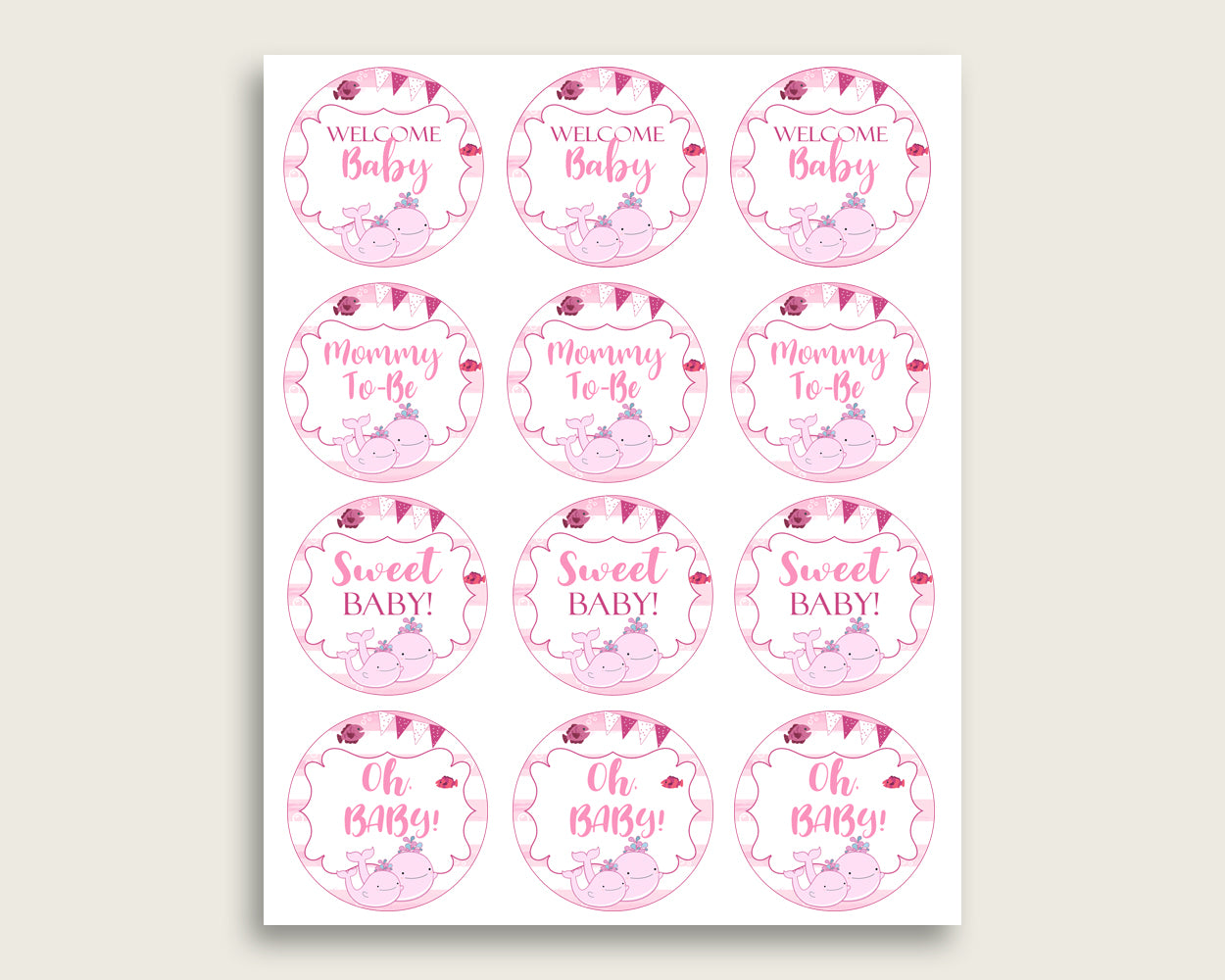 Pink Whale Cupcake Toppers, Pink White Cupcake Wrappers, Toppers Wrappers Baby Shower Girl, Instant Download, Watercolor Stripes wbl02