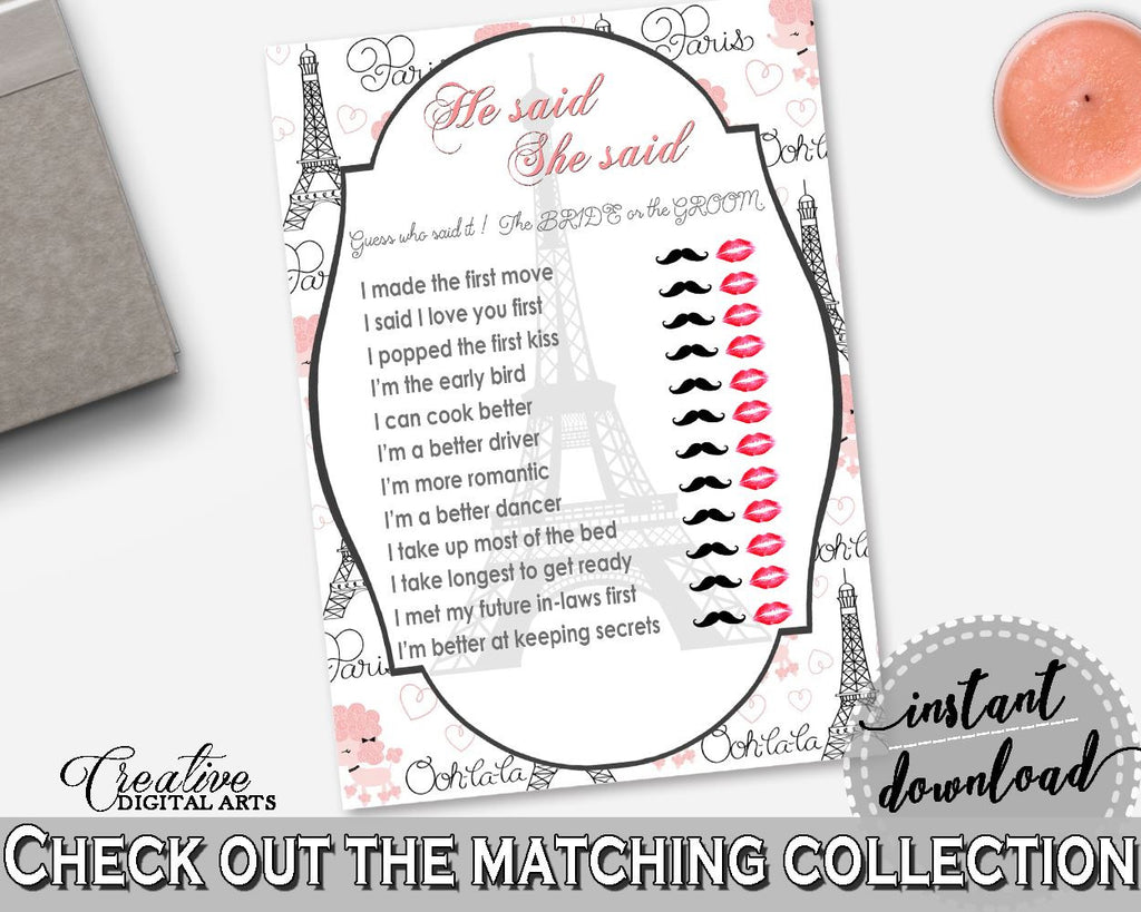 Paris Bridal Shower He Said She Said Game in Pink And Gray, ice breaker, paris theme bridal, customizable files, party theme, prints - NJAL9 - Digital Product