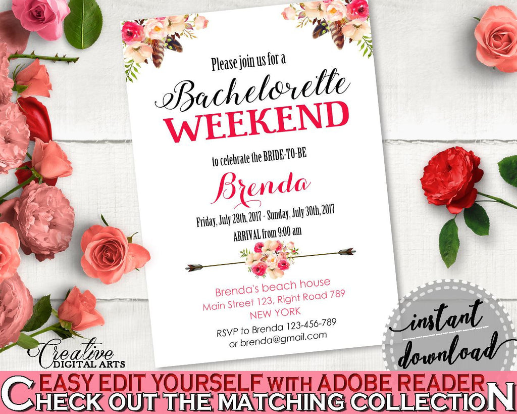Bachelorette Weekend Invitation Editable in Bohemian Flowers Bridal Shower Pink And Red Theme, gathering, party plan, party stuff - 06D7T - Digital Product