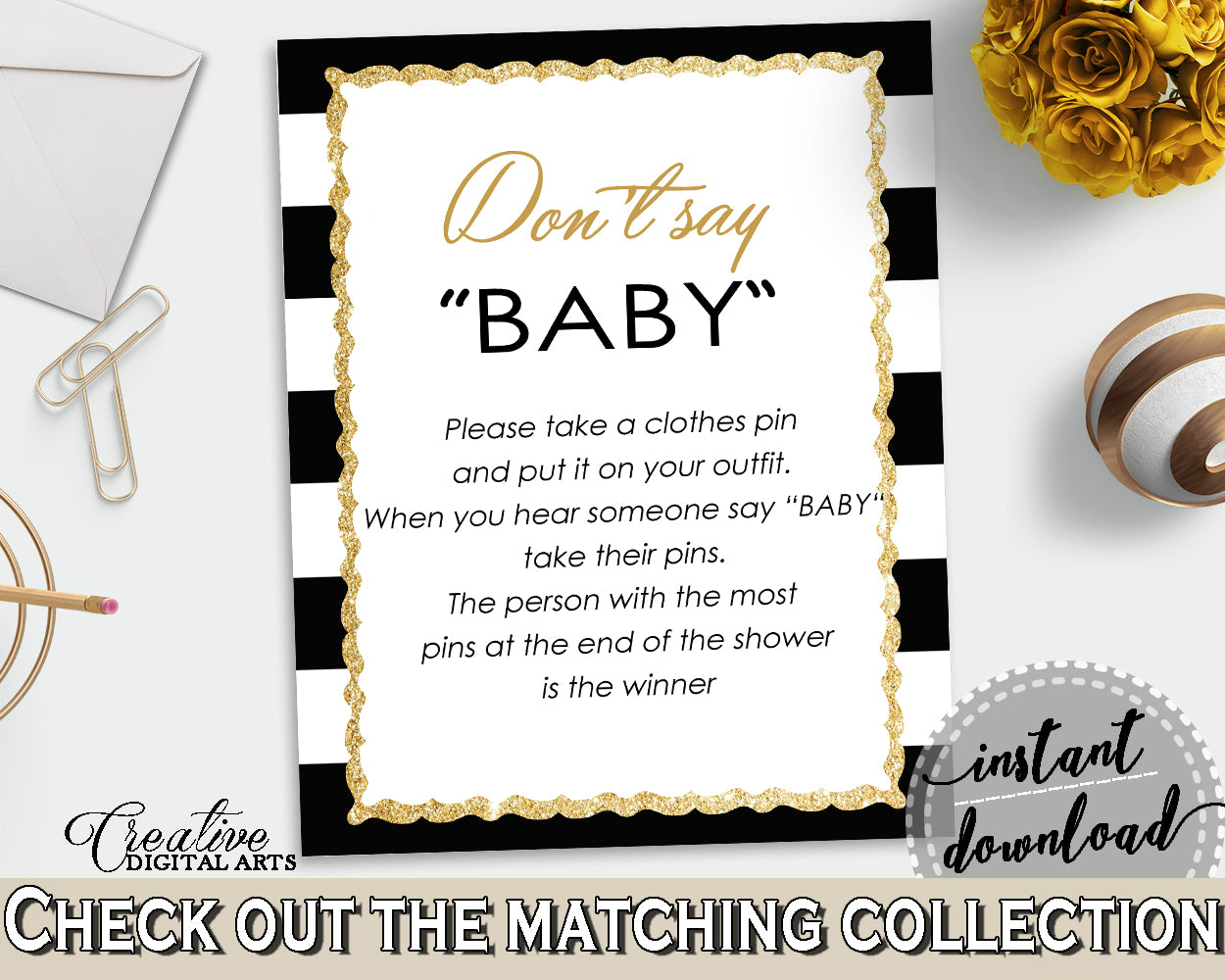 DON'T SAY BABY game for baby shower with black white stripes theme printable glitter gold, digital files, Jpg Pdf, instant download - bs001