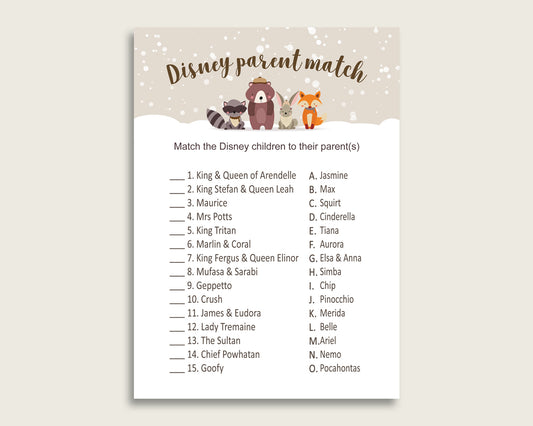 Winter Woodland Disney Parent Match Game, Gender Neutral Baby Shower Game, Beige Brown Match The Disney Parents Printable, Instant RM4SN