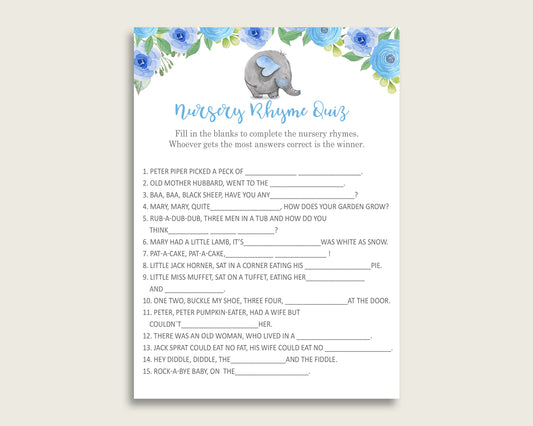 Elephant Blue Nursery Rhyme Quiz Printable, Blue Gray Nursery Rhyme Game, Blue Gray Baby Shower Boy Activities, Instant Download, ebl01