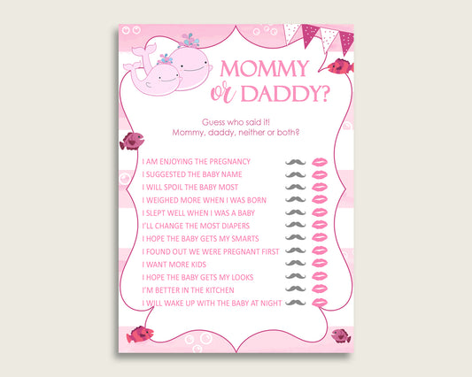 Pink White Mommy Or Daddy Baby Shower Girl Game Printable, Pink Whale Guess Who Said It, He Said She Said, Instant Download, Popular, wbl02