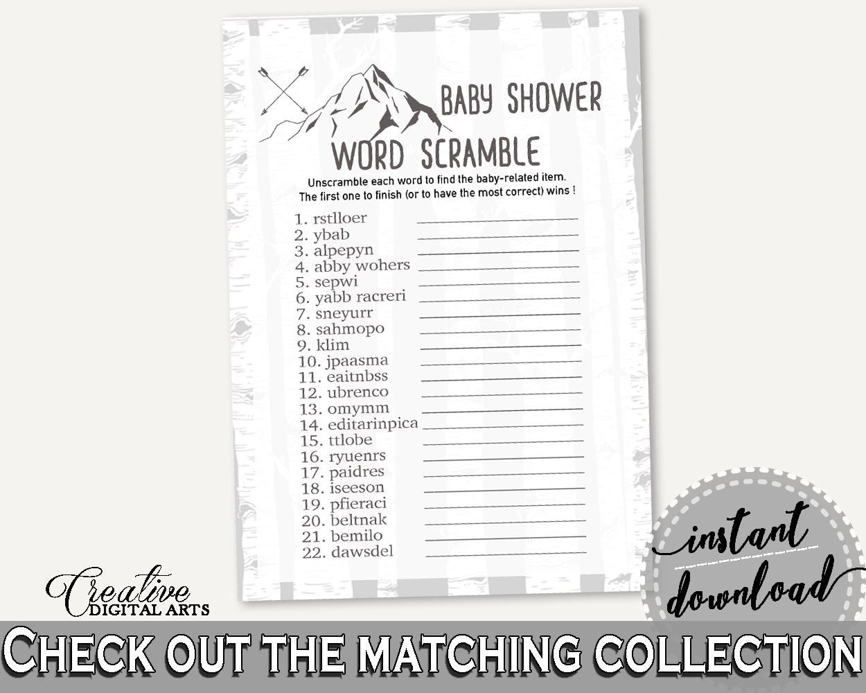 Word Scramble Baby Shower Word Scramble Adventure Mountain Baby Shower Word Scramble Gray White Baby Shower Adventure Mountain Word S67CJ - Digital Product