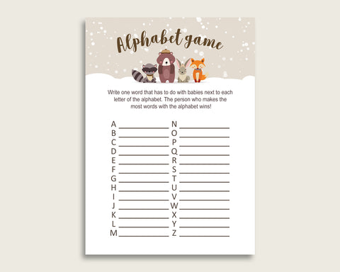 Beige Brown Alphabet Baby Shower Gender Neutral Game, Winter Woodland A-Z Guessing Baby Game Printable, ABC's Baby Item Name Game RM4SN