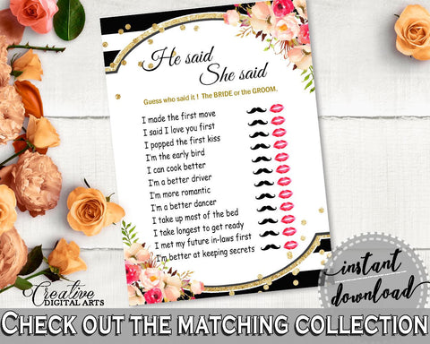 Black And Gold Flower Bouquet Black Stripes Bridal Shower Theme: He Said She Said Game - guess who said it, customizable files - QMK20 - Digital Product