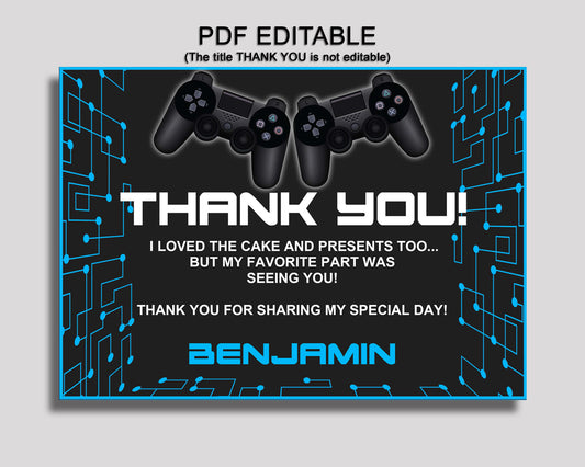 Video Game Thank You Card Video Game Birthday Thank You Black Blue Editable Video Game Printable Thank You Boy 5IAY6